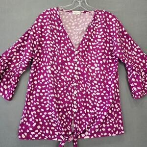 Kancystore Purple Plum Shirt Preppy Polka Dot 3/4 Bell Sleeves V-Neck Women's S